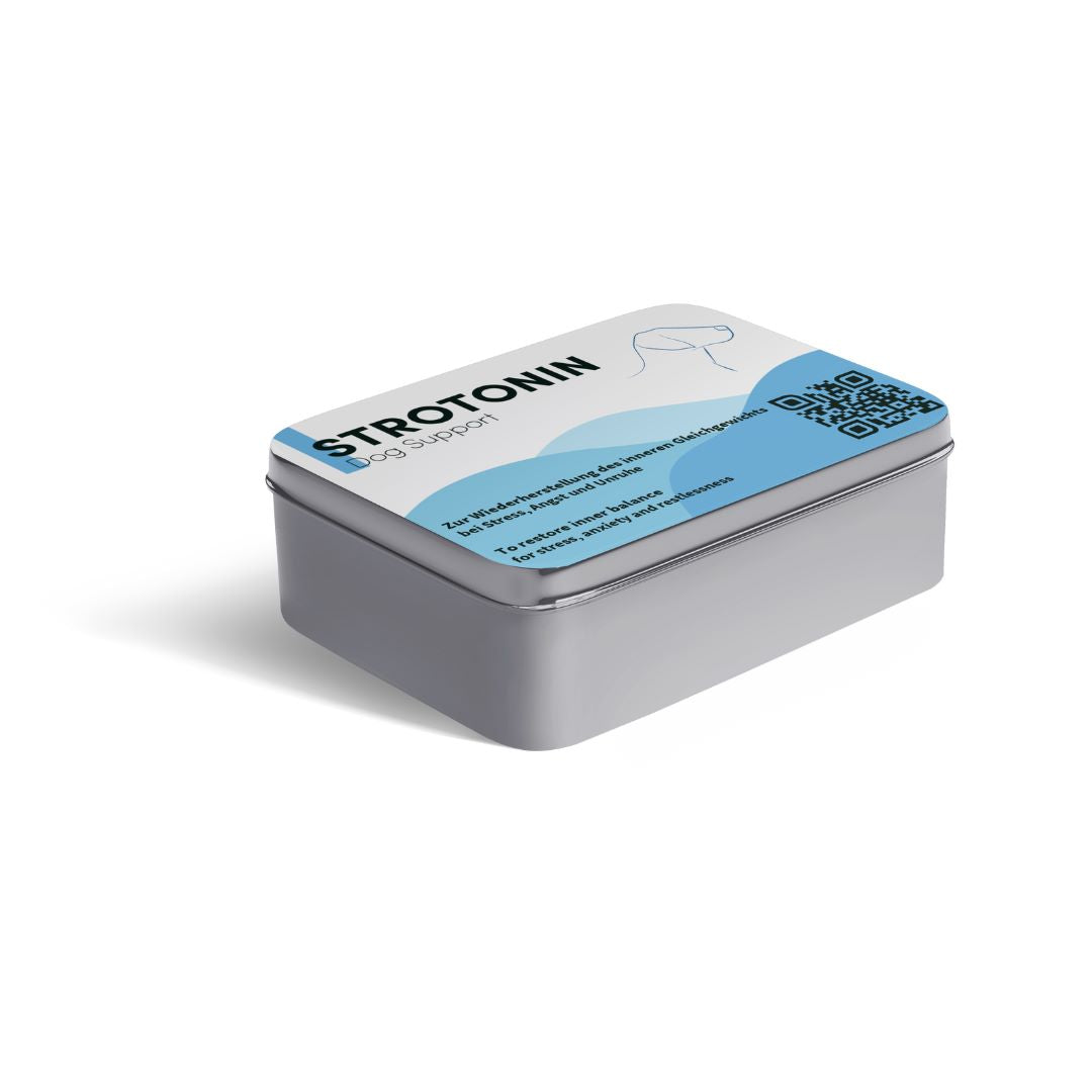 Futtermittel Packung Strotonin für gestresste, ängstliche und nervöse Hunde. Strotonin feed pack for stressed, anxious and nervous dogs.